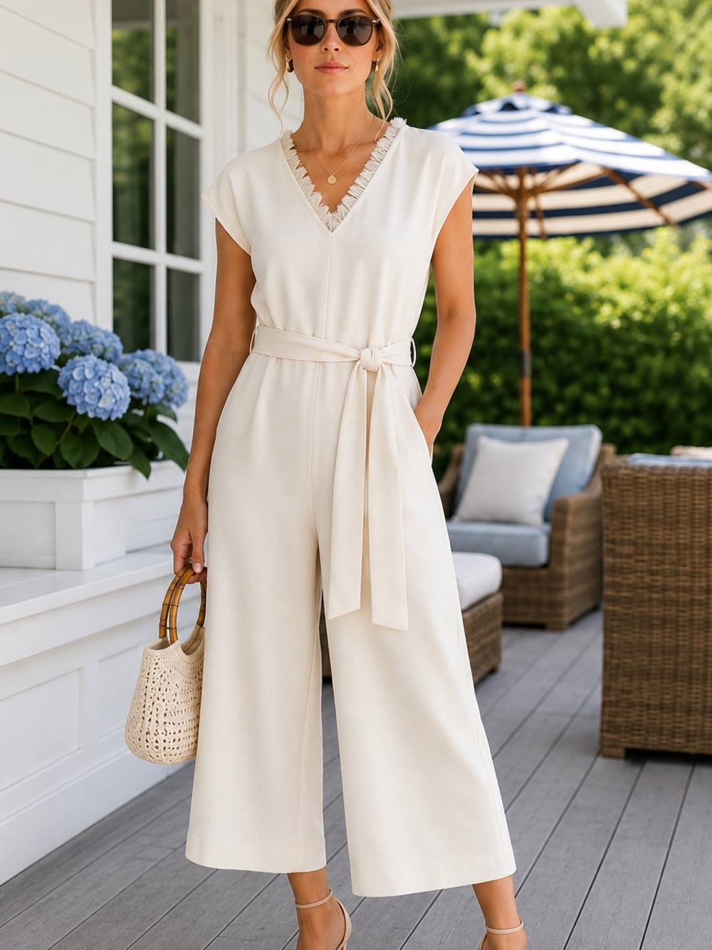 Allirow Ivory Fringe Trim Cropped Wide Leg Jumpsuit Belted Pockets Small NWOT